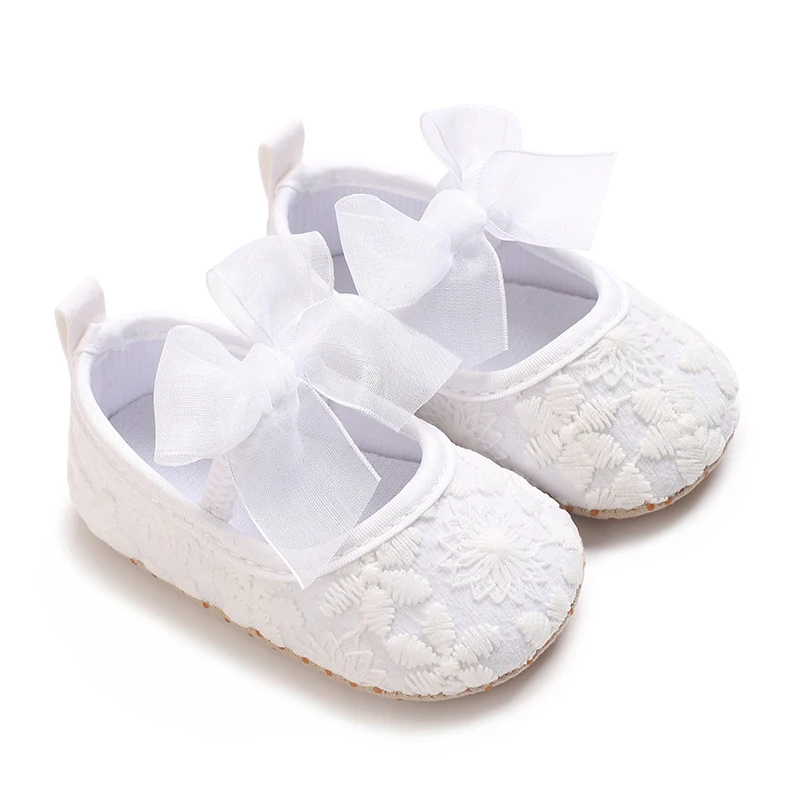 Elegante weiße Wanderschuhe für Neugeborene mit Spitzenschleife, Prinzessinnen-Design, bequeme weiche Sohle für Kleinkinder