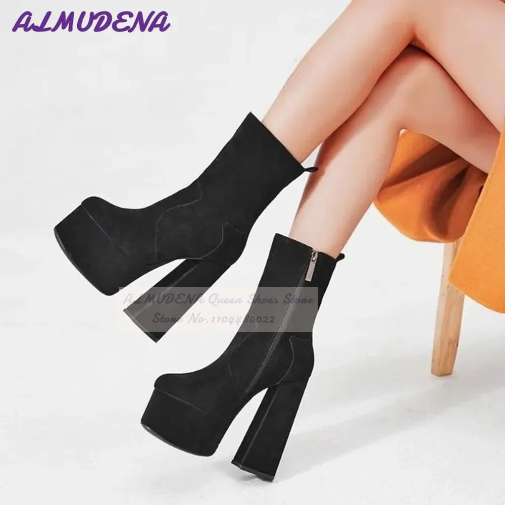 ALMUDENA Damen-Plateau-Stiefeletten, schwarzes Wildleder, Schlangenleder, Block, klobige High Heels, kurze Stiefeletten, Krokodil-Pumps, Größe 47 Schuhe