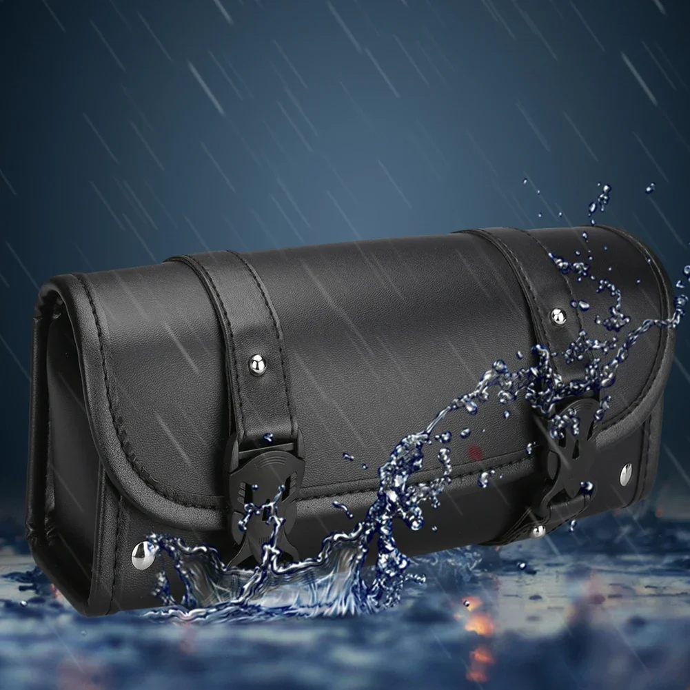 Borsa per attrezzi per moto, borsa per manubrio universale, borsa per forcella Borse laterali in rotolo nero in pelle PU, borsa impermeabile