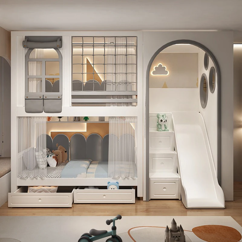 Ober- und Unterbetten Massivholz, komplett aus Massivholz Hohe und niedrige Betten Etagenbett Hoher Kastenbett Kinderhoher Leitplanke für Männer Image