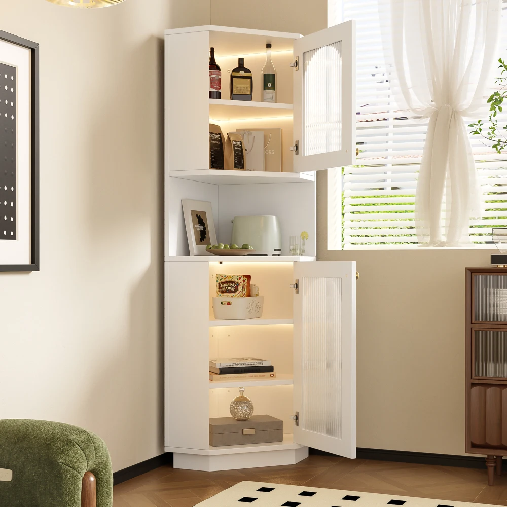45 x 45 x 166.5 cm Badezimmerschrank mit Lichtleiste, Eckschrank, offenes Aufbewahrungsfach mit verstellbaren Einsätzen, für Badezimmer
