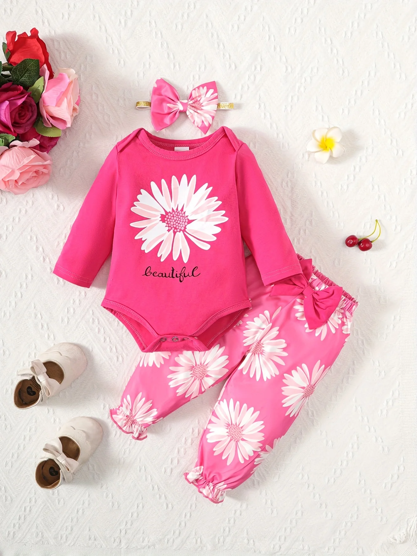 Lässiges Langarm-Strampler und Hose aus Gänseblümchen für Säuglinge und Kleinkinder, 3-teiliges Set mit Schleifenverzierung Image