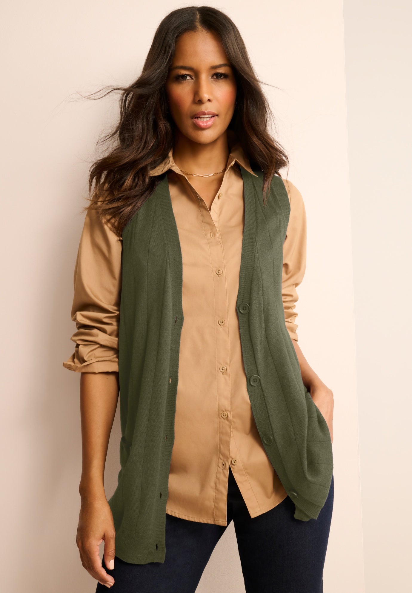 Plus Size Women's Plus Size Drop Needle Vest Lightweight Sweater Knit by Roaman's in Dark Olive Green (Size 1X)