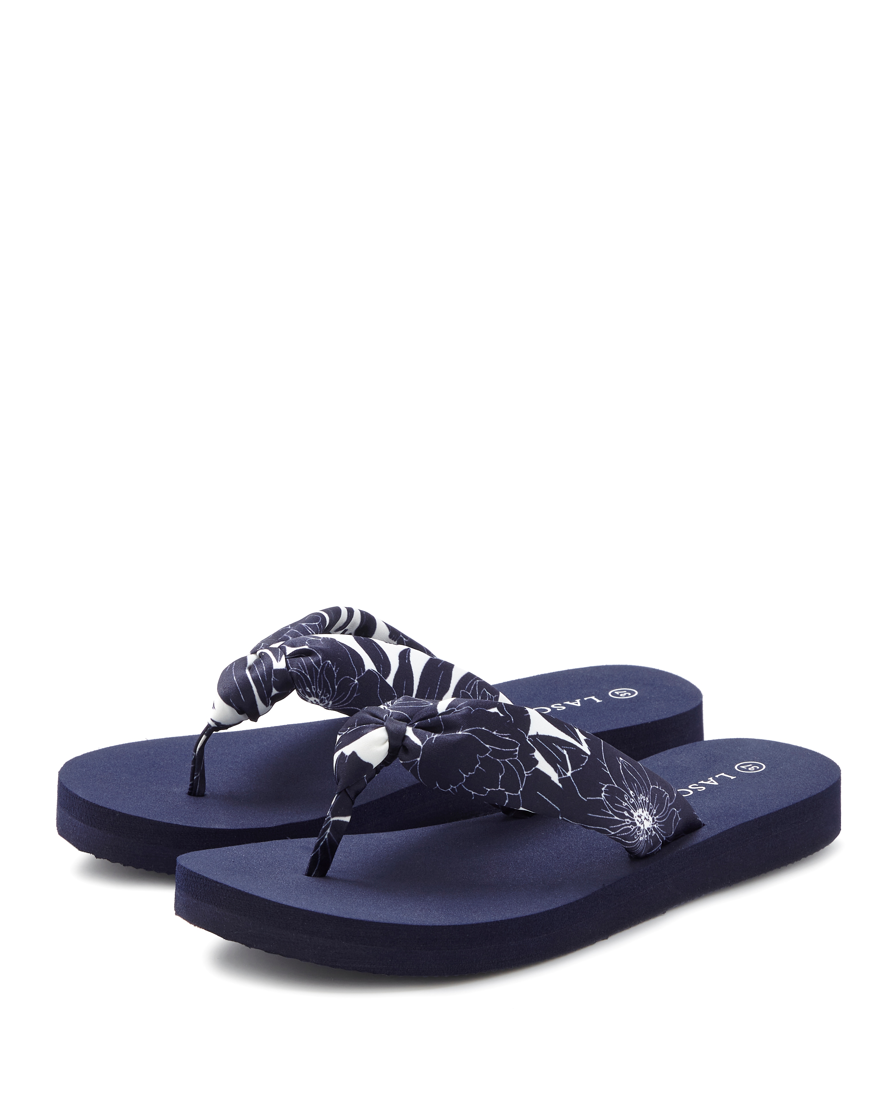 Badezehentrenner LASCANA "Sandale, Badeschuh, Pantolette, Badelatsche, Flip Flop", Damen, Gr. 43, dunkelblau, Obermaterial: 100% Textilmaterial. Decksohle: 100% Synthetik. Laufsohle: 100% Synthetik, geblümt, Schuhe, Zehentrenner, Badeschuh...
