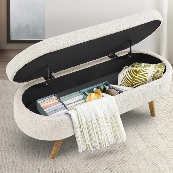 Linen Covered Storage Ottoman Bench, Flip Top With Safety Hinges, Stylish Home Storage Solution Linen Covered Storage Ottoman Bench, Flip Top With Safety Hinges, Stylish Home Storage Solution