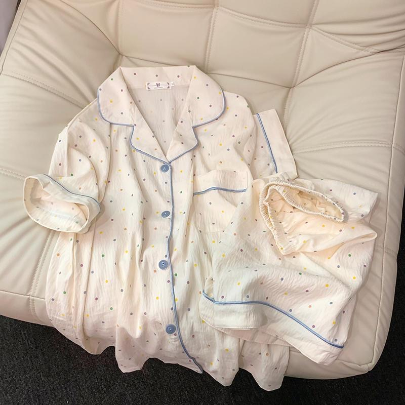 Sleepwear Cotton Pajama Set, Print Polka Dot Women Pajamas, Top And Shorts, Sweet Casual Comfortable Home Outfits 613 White Dot xl