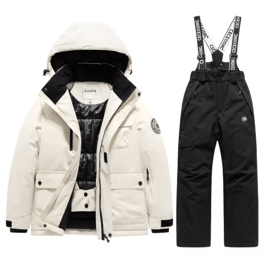Kids Winter Ski Set, Waterproof, Warm Snow Gear white Coat Black Pants 14