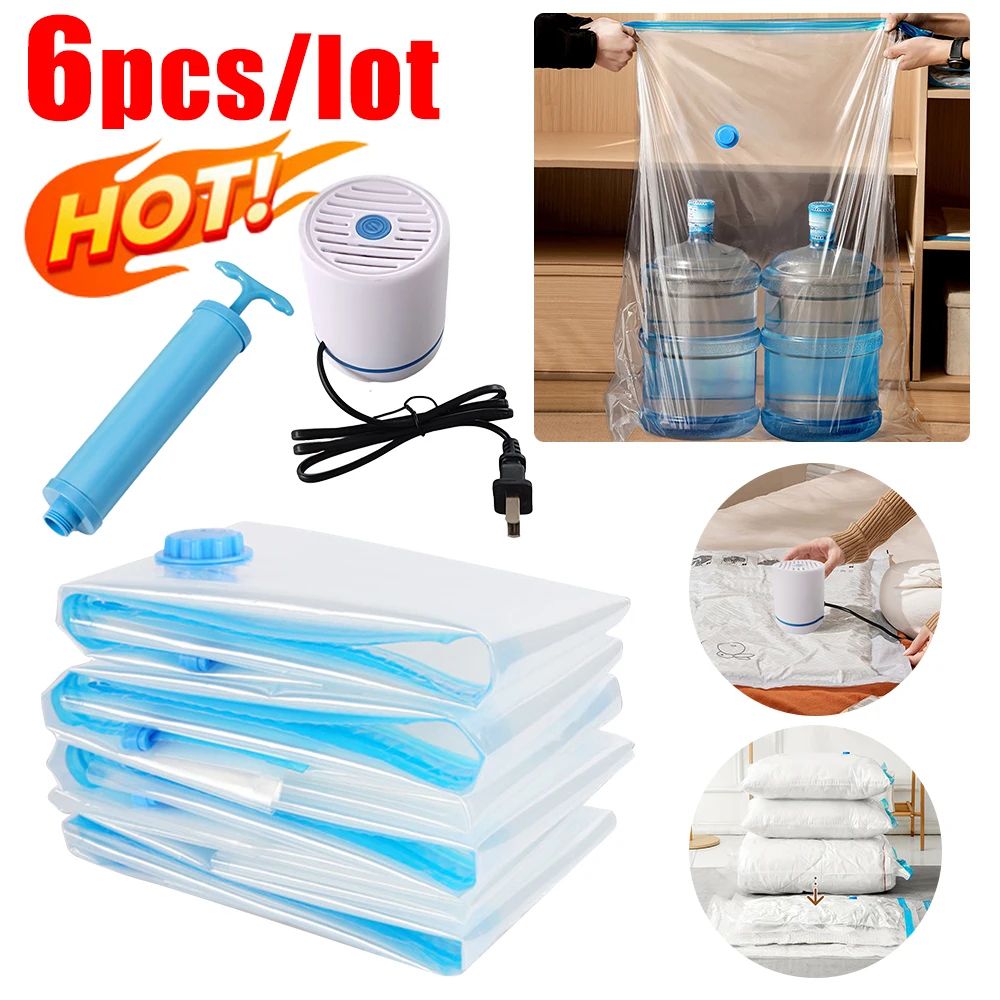 6 Piece Vacuum Storage Bags With Electric Pump Space Saving Compression Bags For Clothes & Bedding 19.69 23.62 In vacuum Bag With Inflation Pump