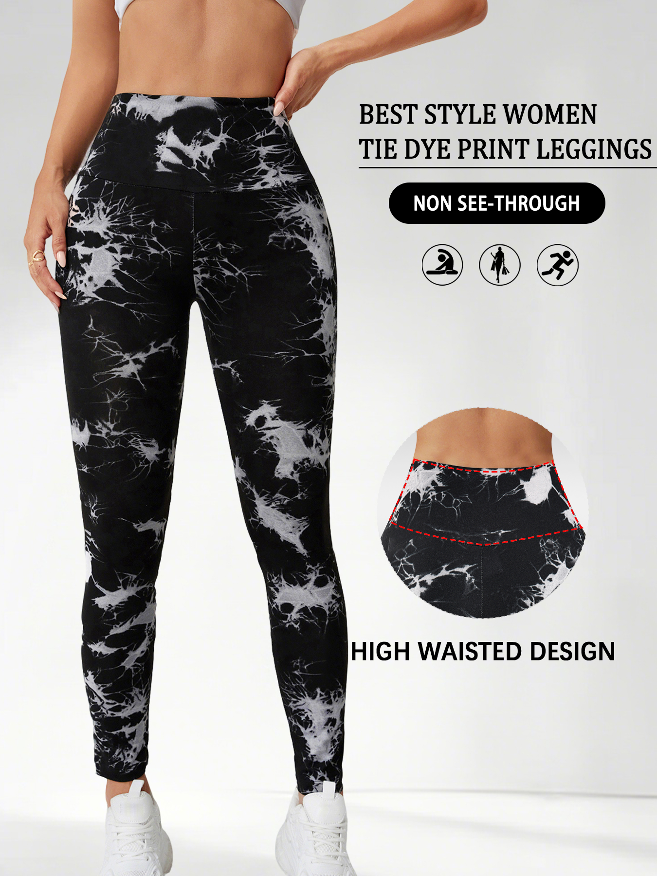 High Waisted Tie Dye Leggings For Women, Super Soft Yoga Gym Tights, No See Through Workout Push Up Fitness Leggings black m