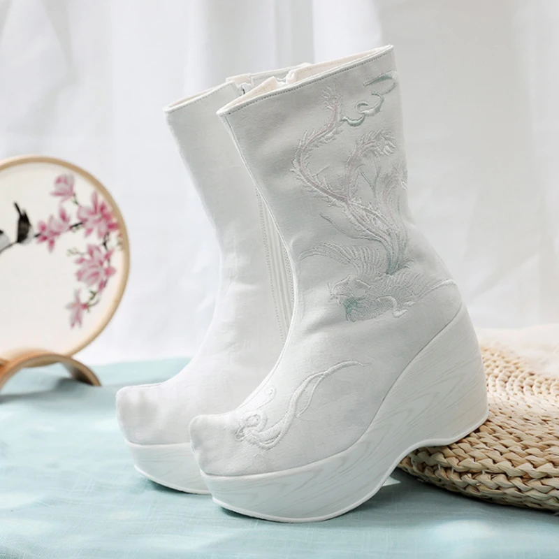 Chinesische Hanfu Gestickte Stiefel Schuhe Frauen Winter Vintage Hanfu Hohe Erhöhen Weiße Schleife Seife Stiefel Schuhe Für Frauen Plus Größe