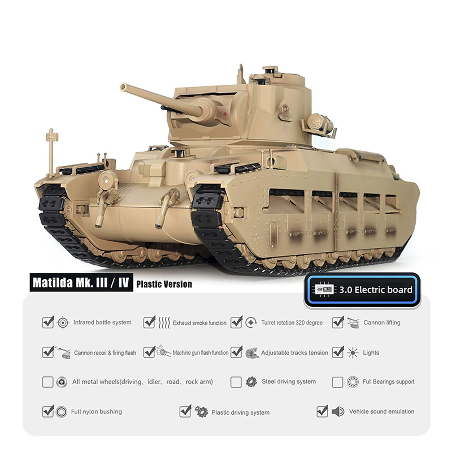 Tongde 1/16 Fernbedienung Militärpanzer Matilda III IV Turmdrehung 320-Grad-IR-Lichtgeräusche RC Elektromodell Raucheinheit Image