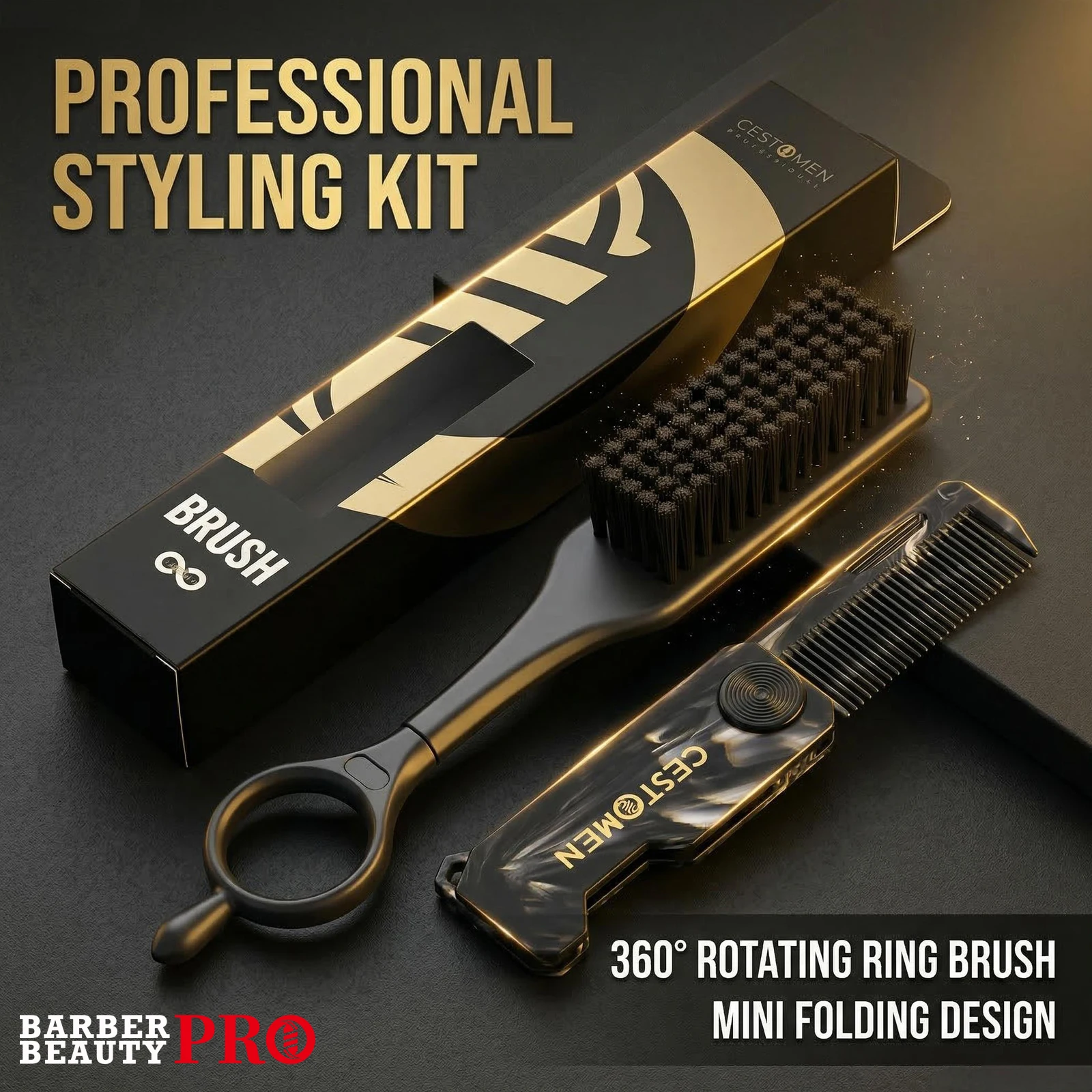 2-teiliges Friseur-Haarbürsten- und Mini-Klapp-Bartkamm-Set – professionell 360 ° Drehbarer Ring-Fade-Bürsten-Taschenkamm für Herrenbart Image
