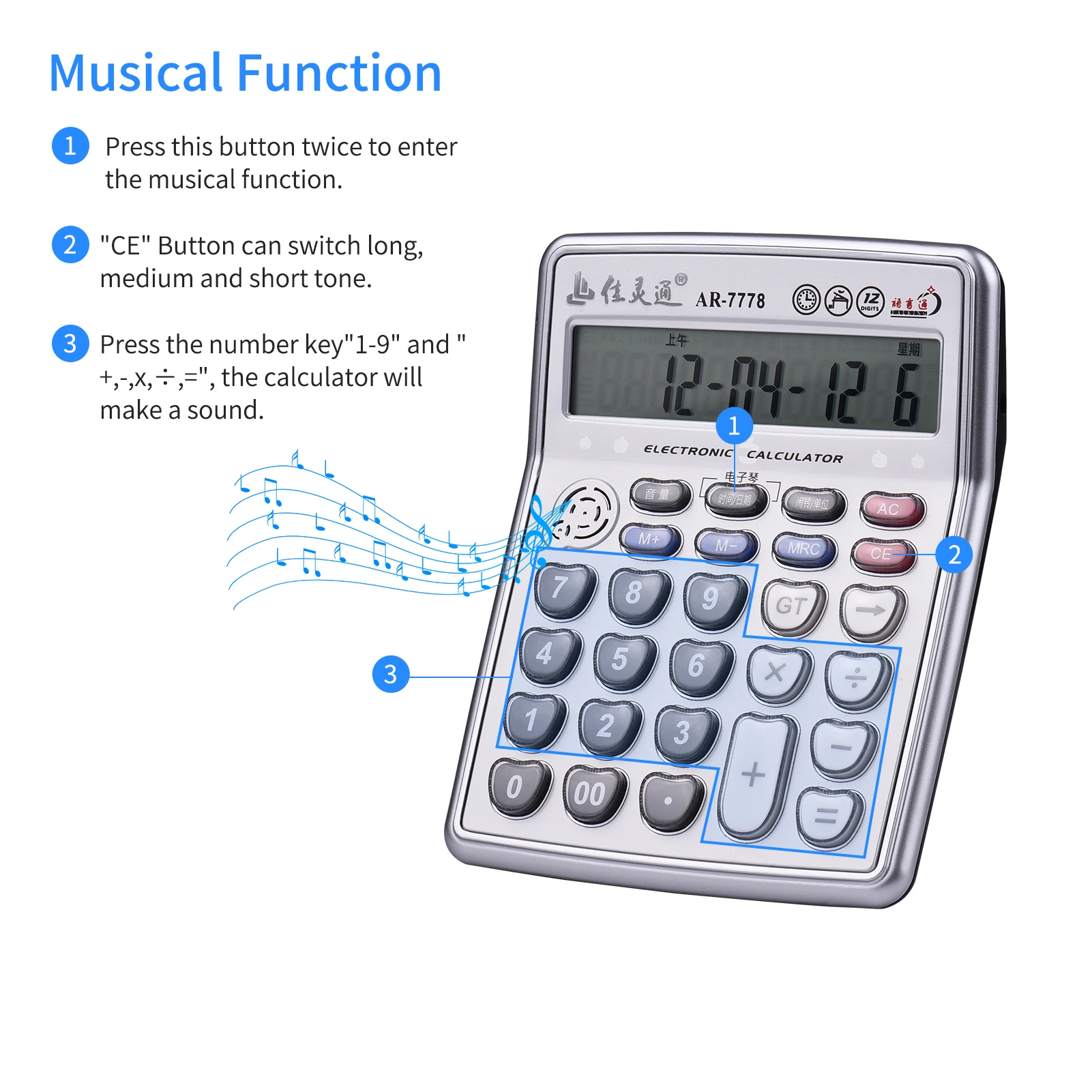 Musikalischer Tischrechner, 12-stelliges LCD-Display, elektronischer Taschenrechner, Zähler mit Musik, Klavier, Spielzeit, Datum, Show, Wecker Image