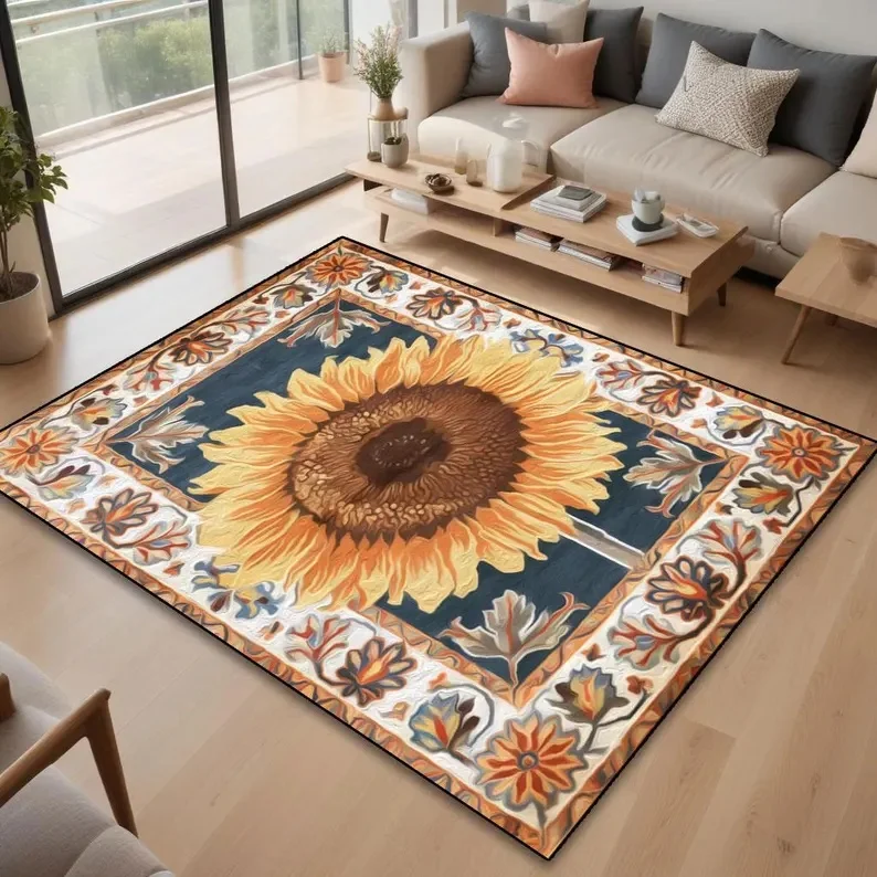Sonnenblumen-Teppich, Wohnzimmer-Teppich, eleganter Sonnenblumen-Teppich, von der Natur inspirierter Sonnenblumen-Teppich, lebendiges buntes Blumen-Design für das Wohnzimmer Image