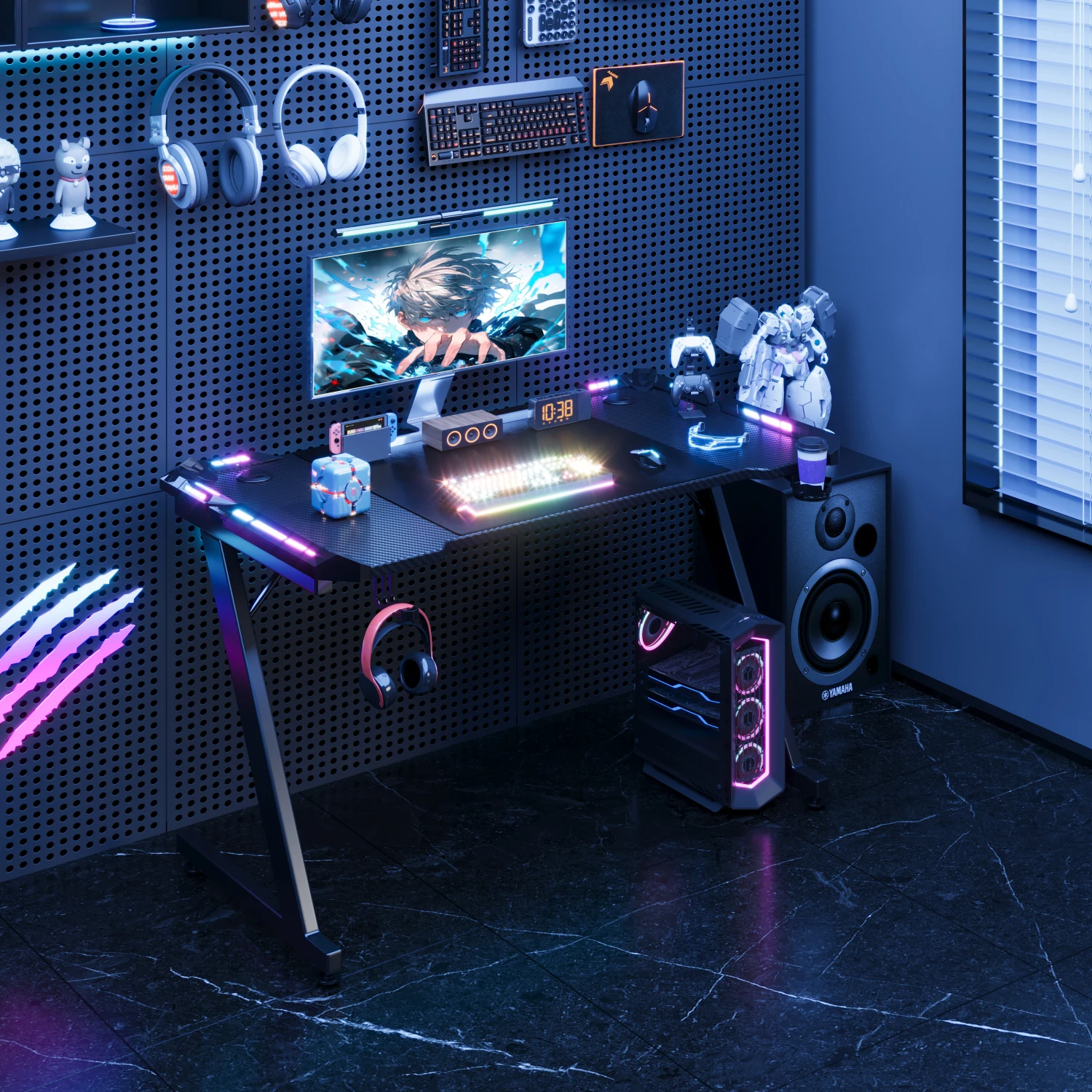 Tavolo da gioco Devoko con LED 120x60 cm Scrivania da gioco Z-Frame Tavolo da gioco ergonomico per PC con portabicchieri