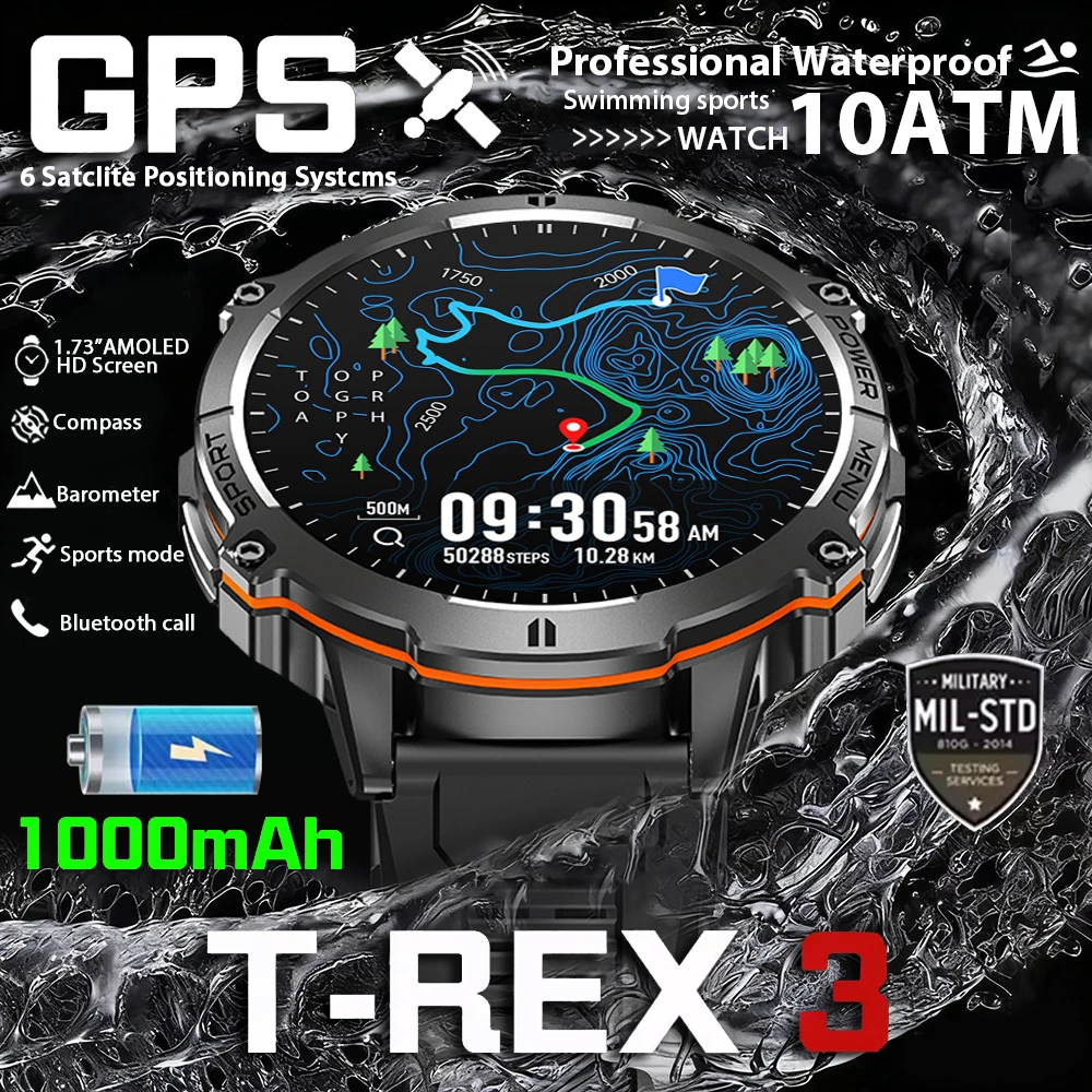 T-Rex 3 Military Grade 1000mAh Battery Smart Watch 10ATM Waterproof GPS Compass Altimeter Call AMOLED Men Swim Sports Smartwatch