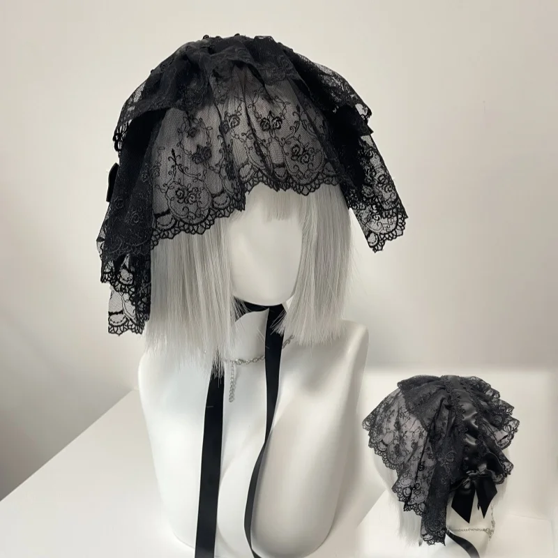 Neue Gothic Schwarz Spitze Schleier Maid Kopfschmuck Spitze Bogen Lolita Cosplay Kostüm Harajuku Kopfbedeckung Elegante Haar Zubehör Image