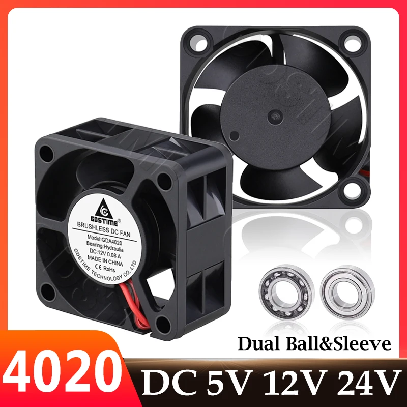 Gdstime 4020 Ventola 24V 12V 5V Ventola di raffreddamento 40mm Doppia sfera Ventola stampante 3D 40x40x20mm 2PIN Brushless DC Ventola assiale Mini CPU Cooler