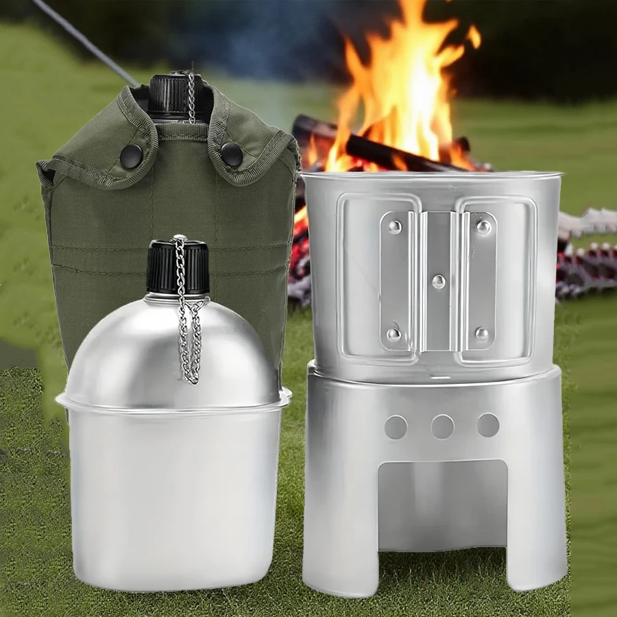 Aluminium-Wasserkantinenbecher, Herdbeutel-Set, tragbare Militärkantine mit Becher für Outdoor, Camping, Überleben, Naturerlebnis Image