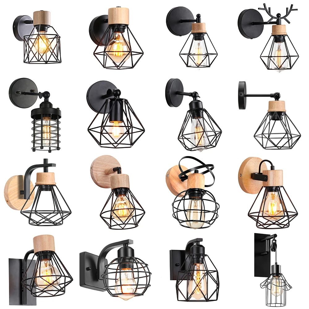 Vintage LED Wandleuchte Retro Loft Industrie Wandleuchte E27 Holz Eisen Schwarz Käfig Lampenschirm Wandleuchte Innenbeleuchtung Wandlamp