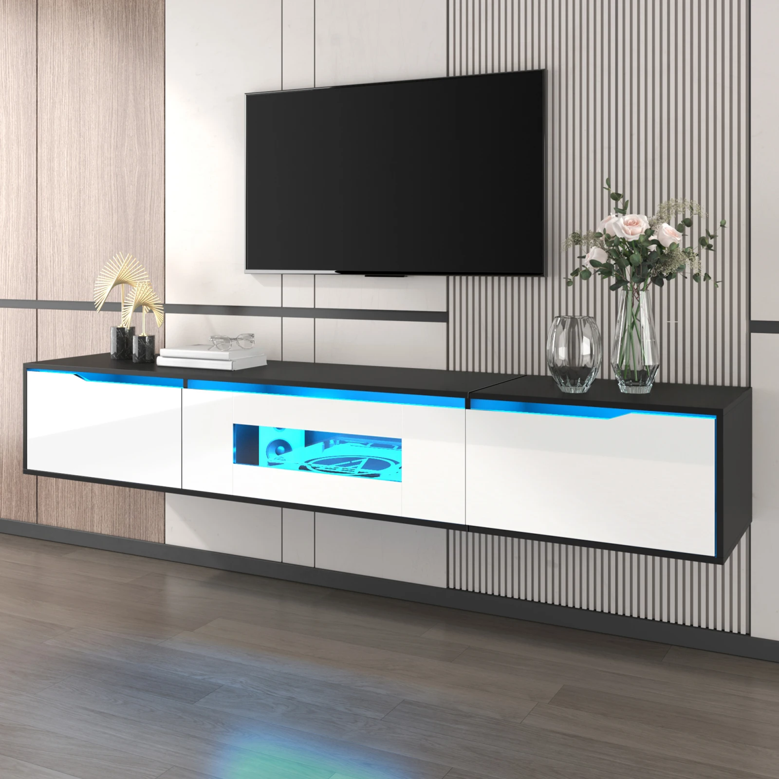Anajqaqia Meuble TV 180x35x30 cm, avec lumière LED 16 couleurs, meuble TV haute brillance, meuble TV mural bas, meuble TV pour salon