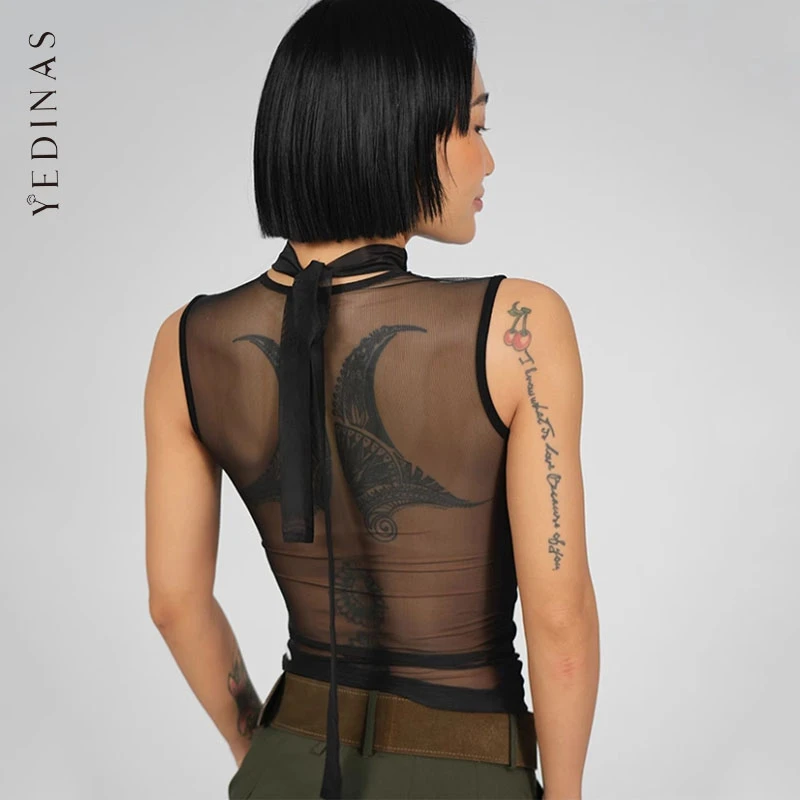 Yedinas Schwarz Zurück Sheer Sommer Tank Tops Sexy Ärmellose T-shirts Original Design Tanks Schlank Koreanische Mode Chic 2000er Jahre Kleidung y2k