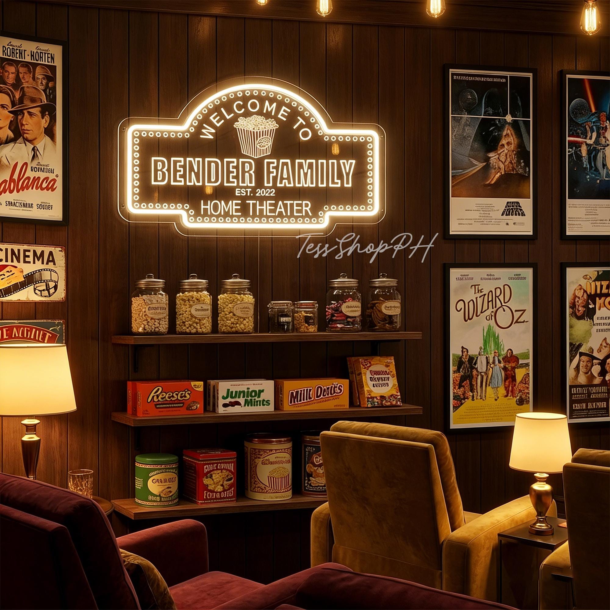 Insegna al neon personalizzata per home theater, decorazioni cinematografiche personalizzate, insegna cinematografica vintage per home theater, insegn
