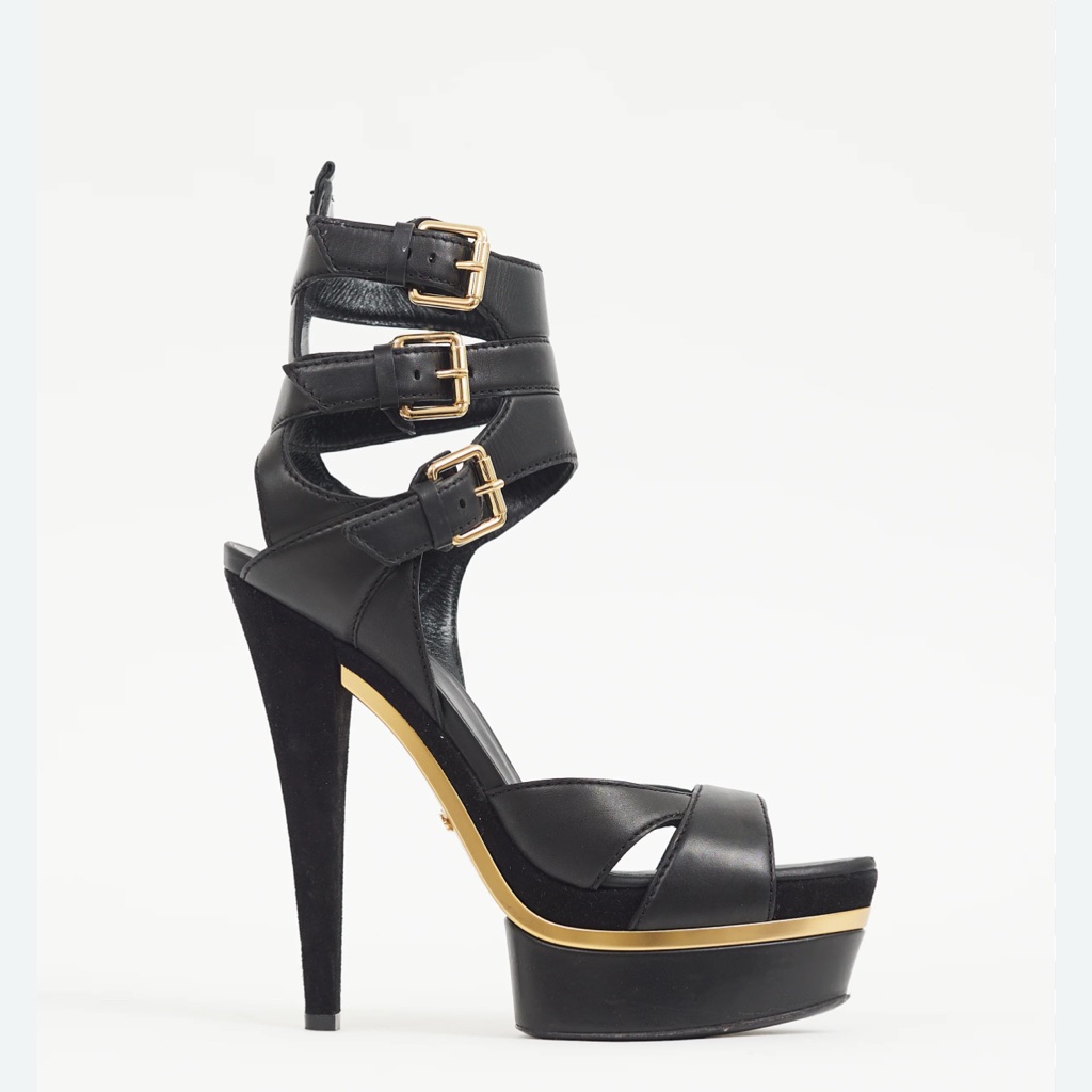Gucci Shoes | 100% Authentic Gucci Iman Ankle Strap Leather Suede High Platform Heels Sz 36 | Color: Black/Gold | Size: 6