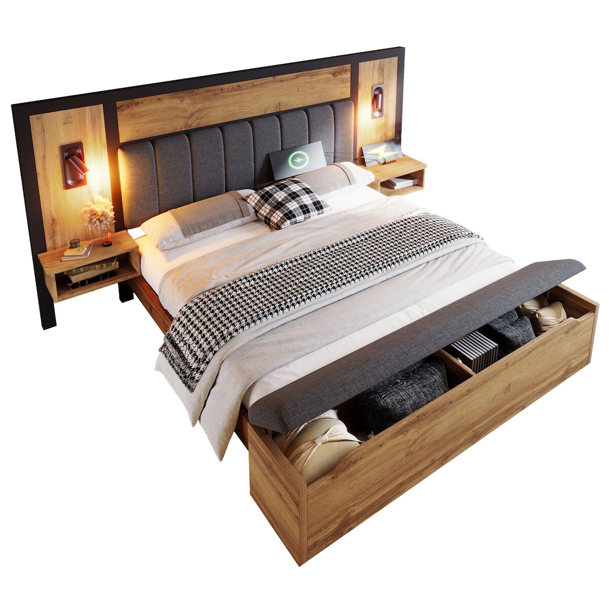 OKWISH Betten mit Kopfteil und Bettbank 160x200 Massives Holzbettgestell mit integrierten Nachttischen, Leselampen, USB-Ladestation, Stauraum Eiche Image