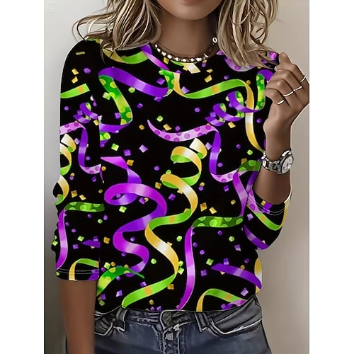 Karneval Damen T-Shirt Grafik Vintage Mode Stylisch Lange Ärmel Rundhalsausschnitt Regelmäßige Oberteile Täglicher Druck Lila Frühling Herbst Image