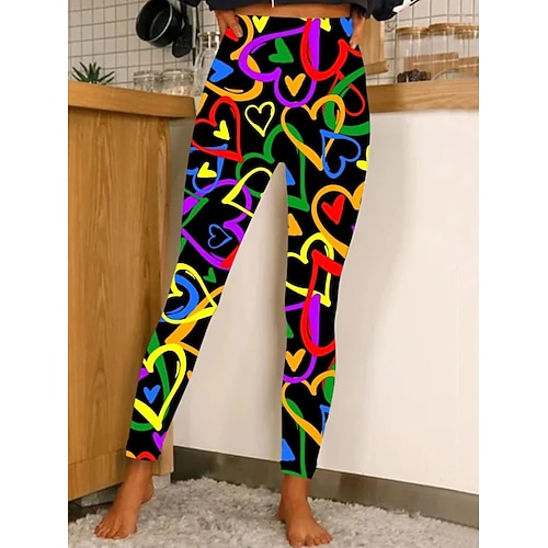 Damen Leggings Urlaub Lässig Volle Länge Hohe TaillePantsValentinstag Herz Grafik 3D-Druck Komfort Schnelltrocknend Atmungsaktivität Dehnbar Täglich Heim Outdoor Schwarz Sommer Frühling Schmaler Image