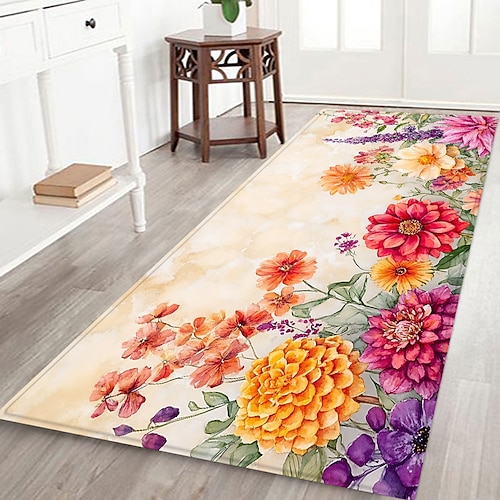 Fußmatte aus Flanell mit Pflanzen-, Blumen- und Blattmuster für Hauseingang, Badezimmer, weich, rutschfest, dekorativ Image