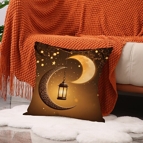 Ramadan-Eid-Kissenbezug, goldbedruckte Laterne Öllampe, Dekoration für orientalische Feste, Sofakissen für Wohnzimmer und Gebetsraum, Sitzkissen Image