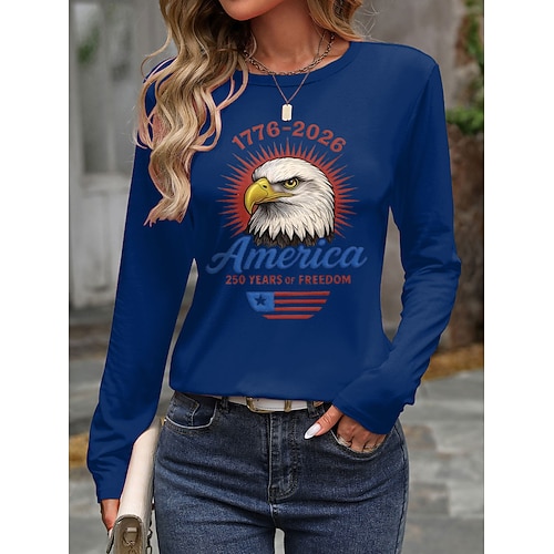 Unabhängigkeitstag Amerikanisches 250. Jubiläum Patriotisches Damen T-Shirt Grafik USA Flagge Mode Stilvoll Klassisch Lange Ärmel Rundhals Reguläre Oberteile Täglich Wochenende Druck Blau Schwarz Image