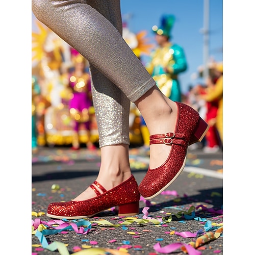 Glitzernde Mary-Jane-Schuhe für Damen – funkelnde Doppelriemen-Schuhe mit niedrigem Blockabsatz, festliches Schuhwerk für Karnevalsdarstellerinnen und Tänzerinnen. Festtagsoutfits