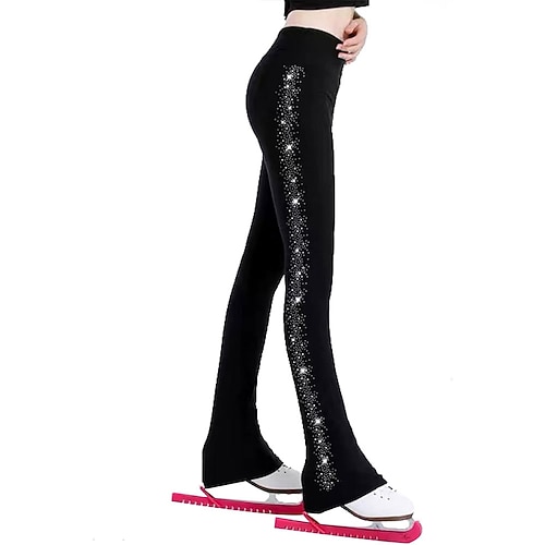 Eiskunstlaufhose für Damen und Mädchen, schwarz, dehnbar, Trainings- und Wettkampfbekleidung, wärmend, mit Kristall-/Strasssteinen Image