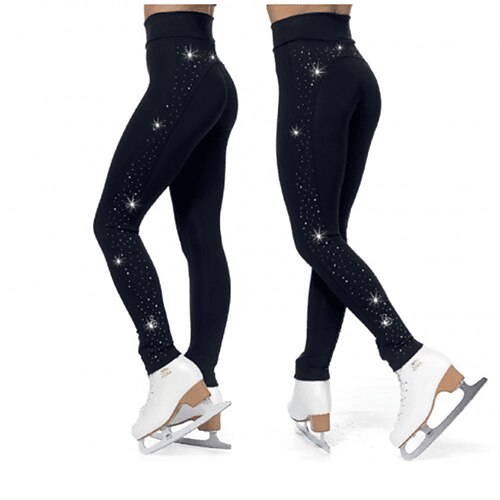 Eiskunstlaufhose für Damen und Mädchen, schwarz, dehnbar, Trainings- und Wettkampfbekleidung, wärmend, mit Kristall-/Strasssteinen Image