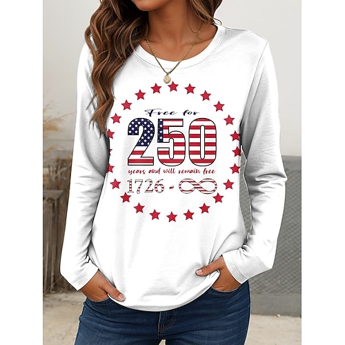 Unabhängigkeitstag Amerikanische 250. Jubiläums Patriotische T-Shirt Damen T-Shirt Grafik Flagge Stylish Legere Lange Ärmel Rundhals Reguläre Tops Alltag Druck Weiß Khaki Frühling Herbst Image