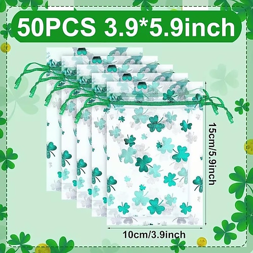 50 Stück Geschenktüten zum St. Patrick's Day, grüne Organzabeutel mit Kleeblattmuster für Schmuck, Gastgeschenke, zwei Größen 3,9 x 5,9 Zoll 5x7 Zoll Image