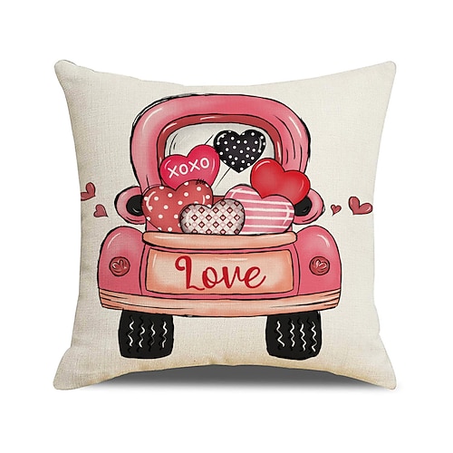 Kissenbezug zum Valentinstag, rot und rosa, Aufschrift „Hallo" Kissen mit dem Aufdruck „Liebe", Herzmotiv, dekoratives Leinenkissen für Sofa, Schlafzimmer, Nachttisch Image
