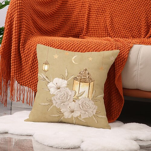 Ramadan-Eid-Kissenbezug, Mond Öllampenmotiv, atmungsaktives Sofakissen, festliche Heimdekoration für Wohnzimmer und Gebetsraum, dekoratives Kissen für die Feiertage Image