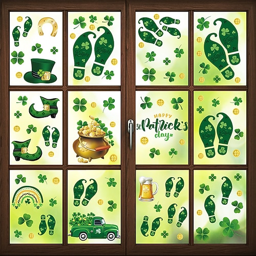 9 Bögen Fensteraufkleber zum St. Patrick's Day, Kleeblatt-, Kobold-, Schuhabdruck- und Goldmünzen-Aufkleber (statisch haftend), irische Partydeko-Glasaufkleber für den Haushaltswarenladen Image