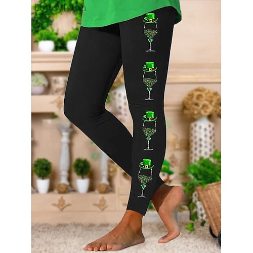 St. Patrick Frauen Leggings Urlaub Basic Lässig Voll Länge Hohe Taille Hose Grafik Kleeblatt Komfort Weich Bequem Dehnbar Täglich Außen Urlaub Schwarz Grün Aschfarben Sommer Frühling Herbst Image