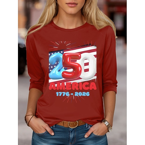 Unabhängigkeitstag Amerikanisches 250. Jubiläum Patriotic Shirt Damen T-Shirt Grafik USA Flagge Mode Stilvoll Klassisch Langarm Rundhalsausschnitt Täglicher Wochenenddruck Blau Schwarz Weiß Rot Image