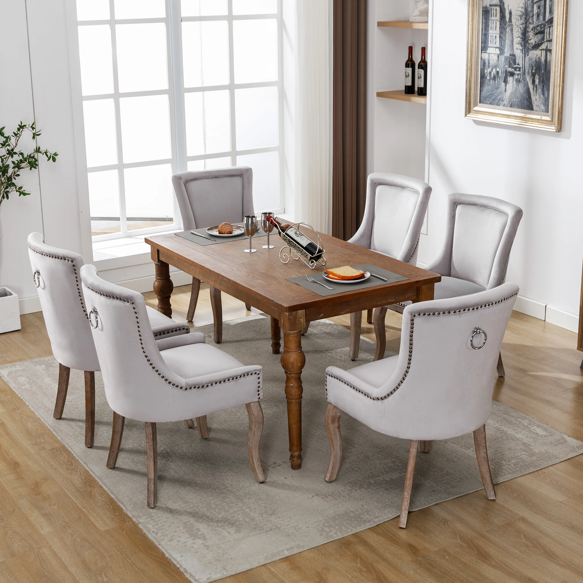 okwish Luxus-Esszimmerstuhl, 6-teiliges Set, Küchenstuhl, Wohnzimmerstuhl, Ottoman-Stuhl, Multifunktionsstuhl mit Nagelkopf-Dekoration, Beine aus massivem Holz, Samtbezug, Beige Image