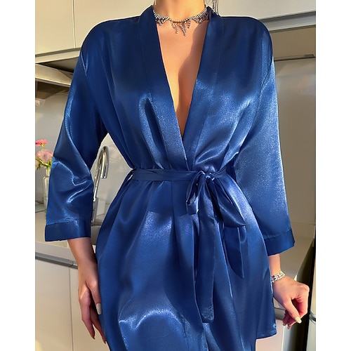 Damen Nachthemd Lässig Weich Satin Einfarbig Schnürung Täglich Heim Bett Langarm V Ausschnitt Schwarz Weiß Champagner Rosa Rote Sommer Lässiger Schnitt Image