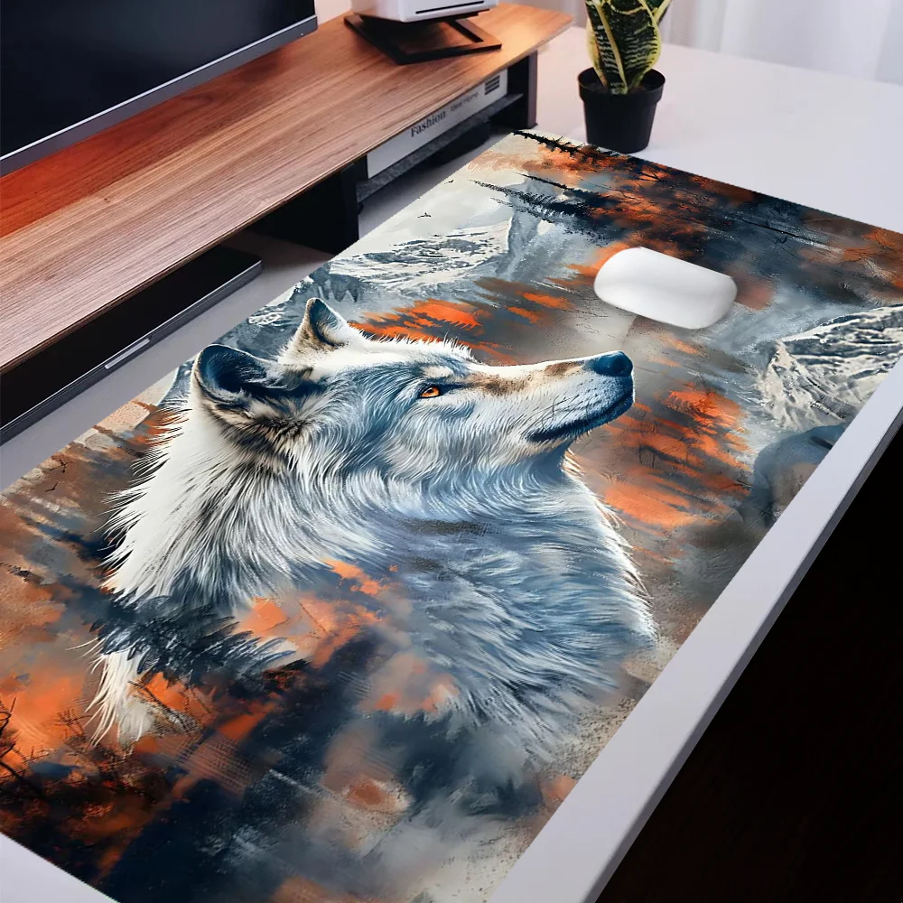 Mystery Wolf Mauspad, ästhetische Kunst, Schreibtischunterlage, Gummiunterseite, Schreibtischzubehör, rutschfestes Mauspad mit genähtem Rand, Geschenk für Damen und Herren Image