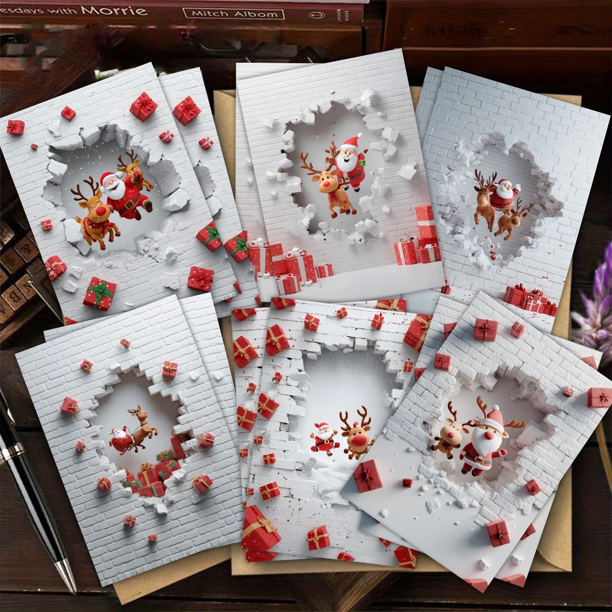 6/12Set Weihnachtswand, Weihnachtsmann, Rentier, Grußkarten mit Umschlägen, gefaltet, 9 x 13 cm, für Familie, Freunde, Pop-Up, lustig, glitzernd Image