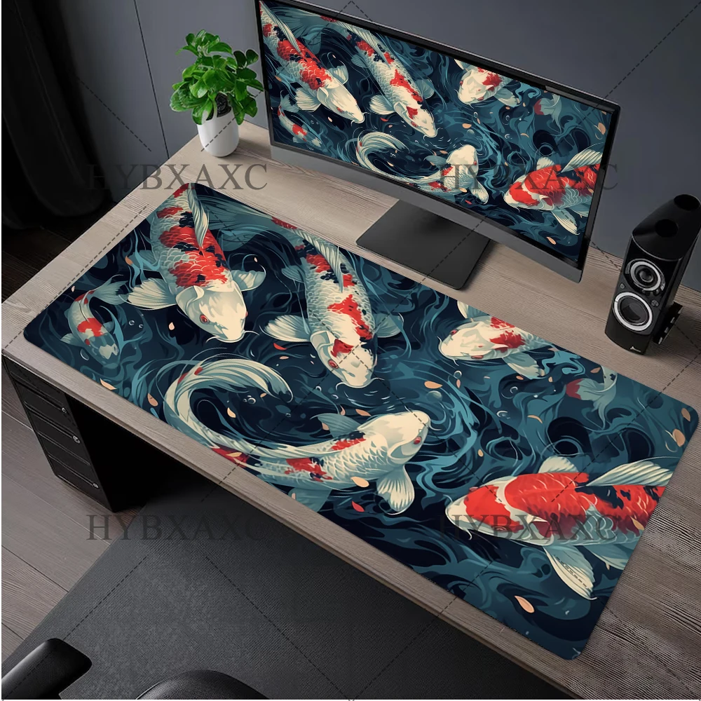Japanische Schreibtischunterlage, schwarz-weißes Mauspad, Koi-Fisch, japanische Kunst, Siegel, Yin-Yang-Fisch, große XL-Gaming-Schreibtischunterlage, Gummi-Mauspad, 1000 x 500 Image