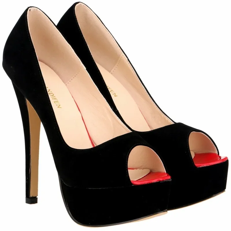 Frauen Stilettos Sexy High Heels Schuhe Peep Toe Samt Pumps Plattform Dame Abend Party Rot Hochzeit Schwarz Büro Schuhe 817-16VE